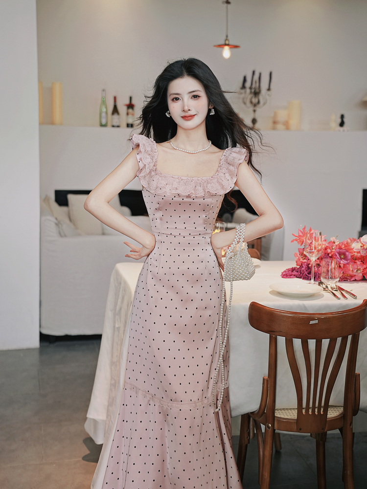 1719303010829_644772.jpg French Romantic Lace Ruffle Polka Dot Satin Dress - Style 5685a1