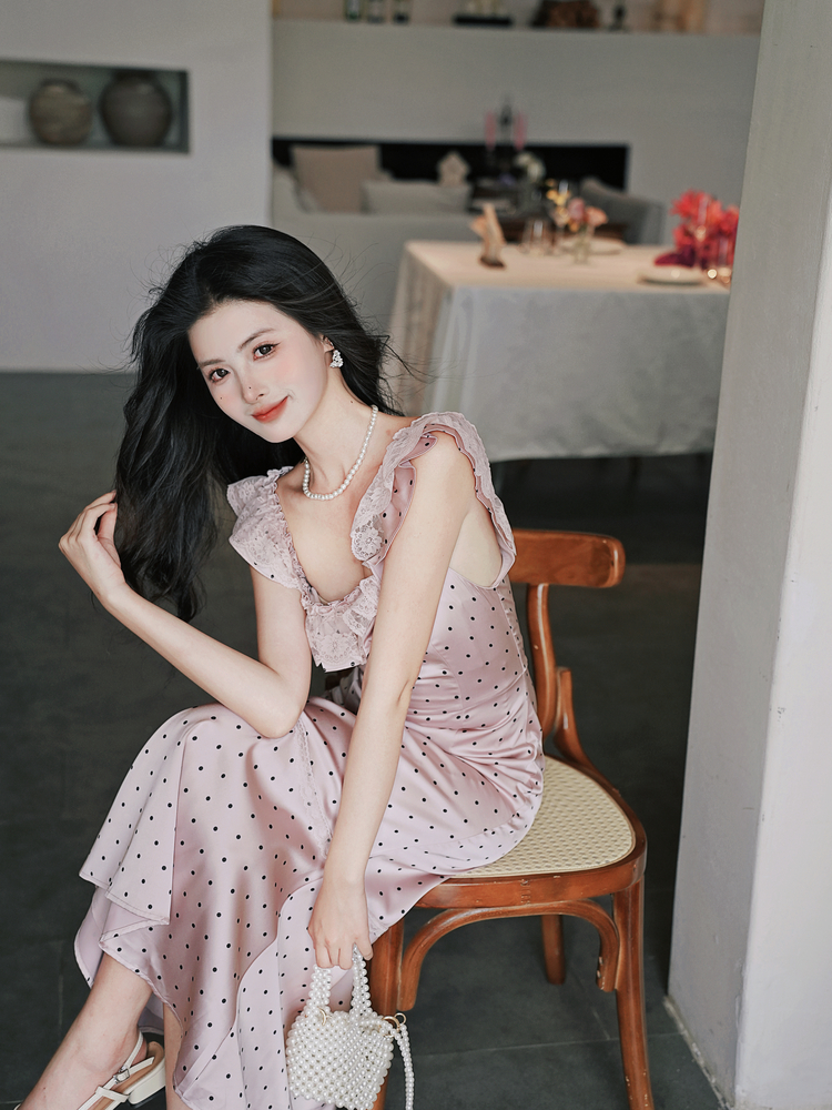 1719303019759_560876.jpg French Romantic Lace Ruffle Polka Dot Satin Dress - Style 5685a1