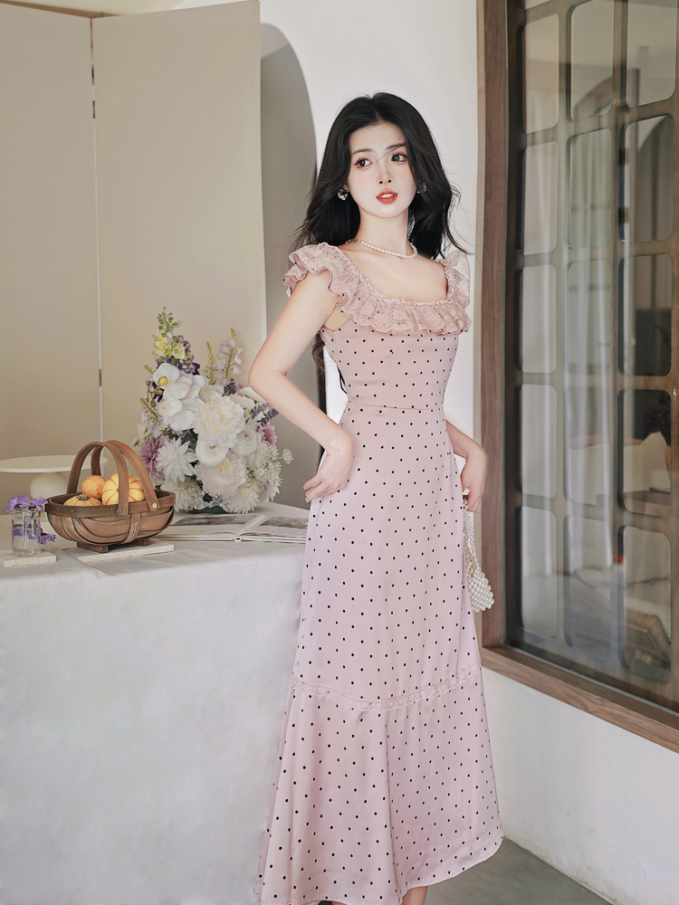 1719303097086_824541.jpg French Romantic Lace Ruffle Polka Dot Satin Dress - Style 5685a1