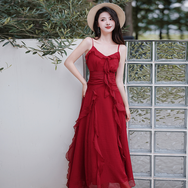 1720104246394_139563.jpg French Vintage Red Long Dress Engagement Party Slimming Ruffle Dress