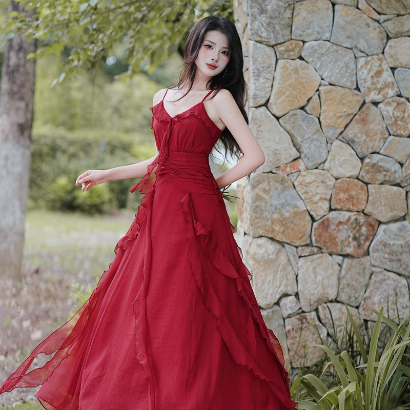 1720104257987_449153.jpg French Vintage Red Long Dress Engagement Party Slimming Ruffle Dress