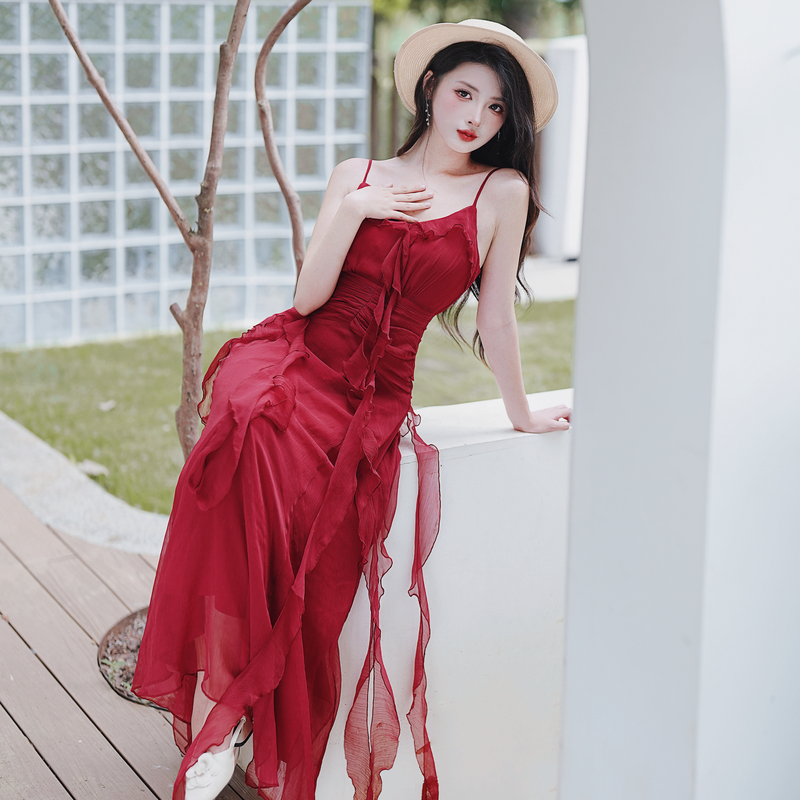 1720104266375_114438.jpg French Vintage Red Long Dress Engagement Party Slimming Ruffle Dress