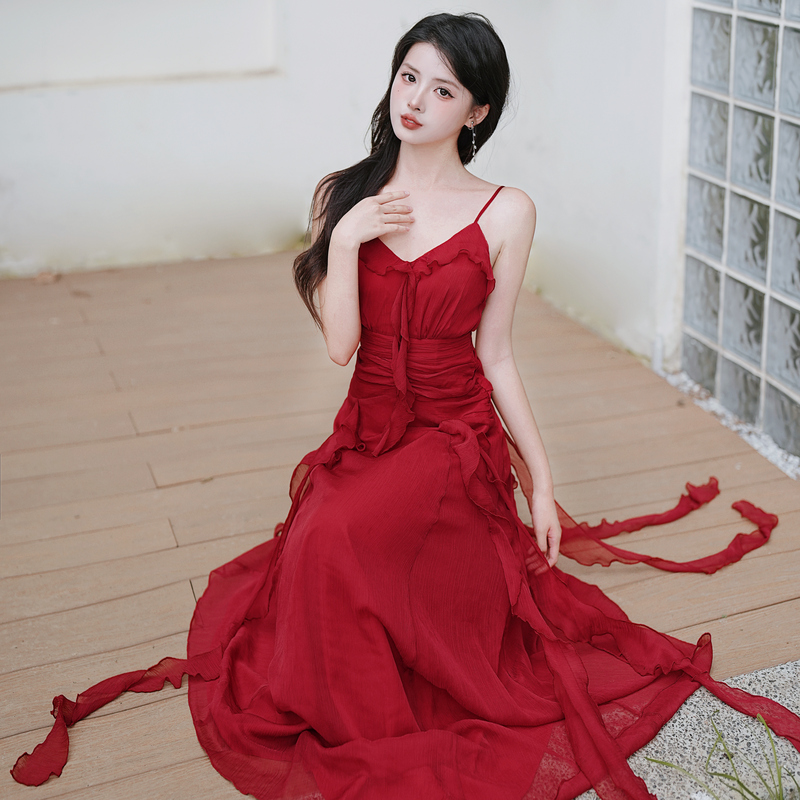 1720104274440_810200.jpg French Vintage Red Long Dress Engagement Party Slimming Ruffle Dress