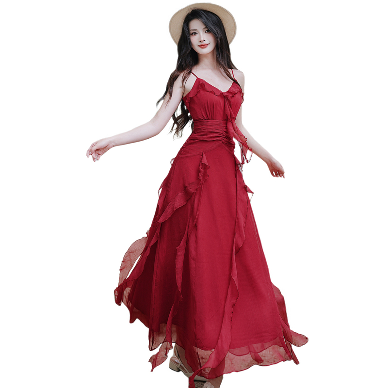 1720104278820_159595.jpg French Vintage Red Long Dress Engagement Party Slimming Ruffle Dress
