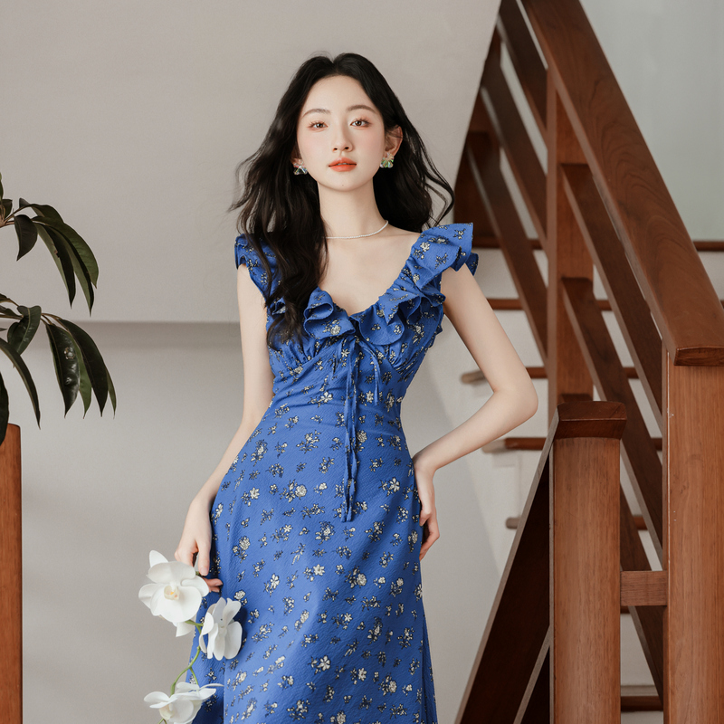 1720714454649_814440.jpg Klein Blue Floral Tie V-Neck French Style Summer Dress - Style 568667