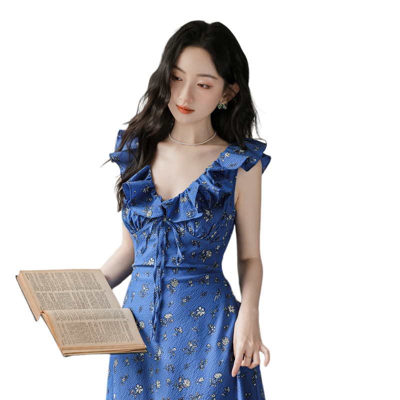 1720714467193_630939.jpg Klein Blue Floral Tie V-Neck French Style Summer Dress - Style 568667