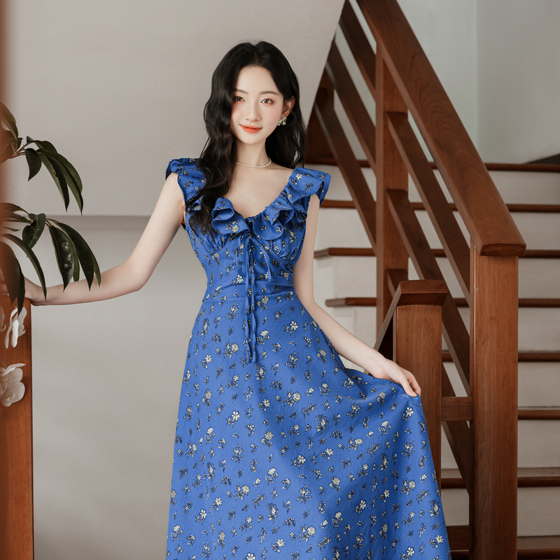 1720714480937_832563.jpg Klein Blue Floral Tie V-Neck French Style Summer Dress - Style 568667