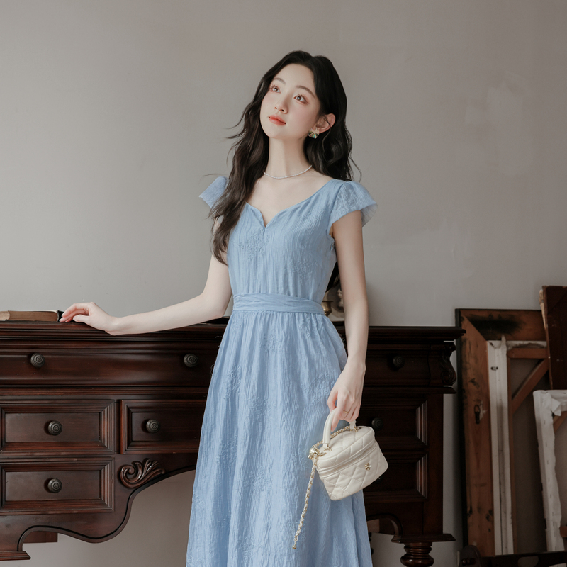 1720715131096_859912.jpg French Style Cold-Shoulder Embroidered Short Sleeve Long Dress