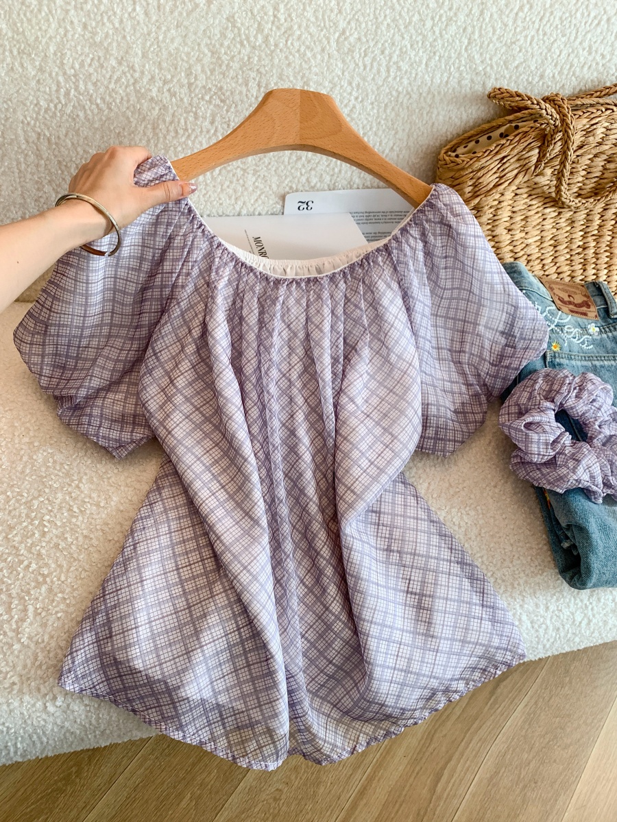 1778940738937_Ng8SXG.jpg Purple Plaid Chiffon Blouse for Women Summer Puff Sleeve French Style Top