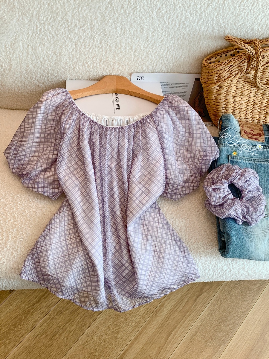 1778940743510_FnMIPS.jpg Purple Plaid Chiffon Blouse for Women Summer Puff Sleeve French Style Top