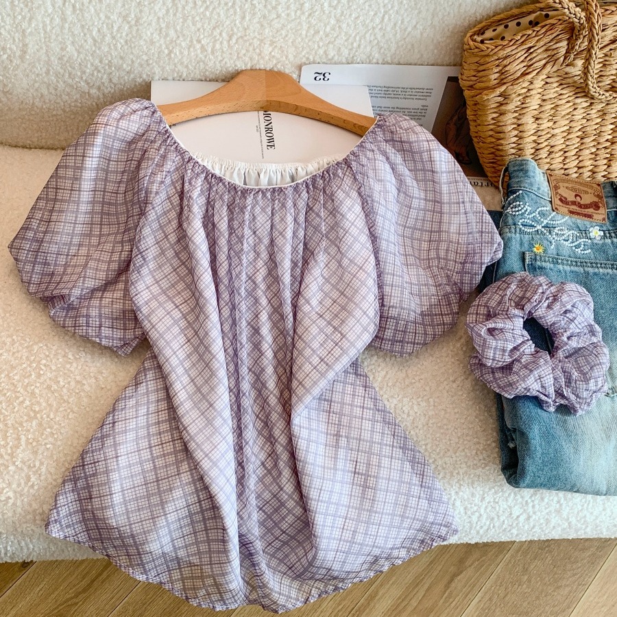 1778940760731_nNESvp.jpg Purple Plaid Chiffon Blouse for Women Summer Puff Sleeve French Style Top
