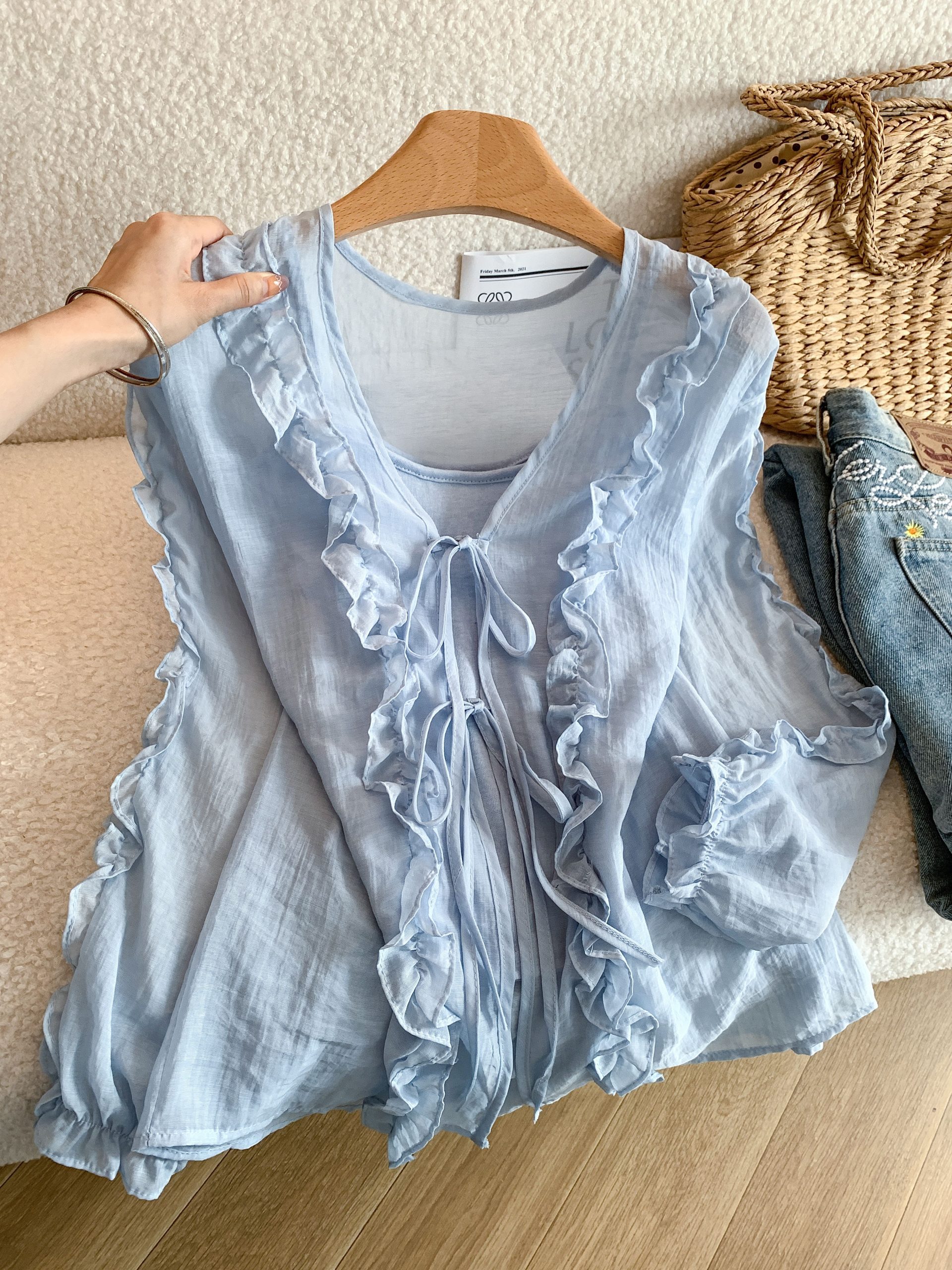 1779286425062_ejugI3.jpg Sweet Ruffle Bow Tie V-Neck Long Sleeve Women's Shirt Two-Piece Set - Style ccb380