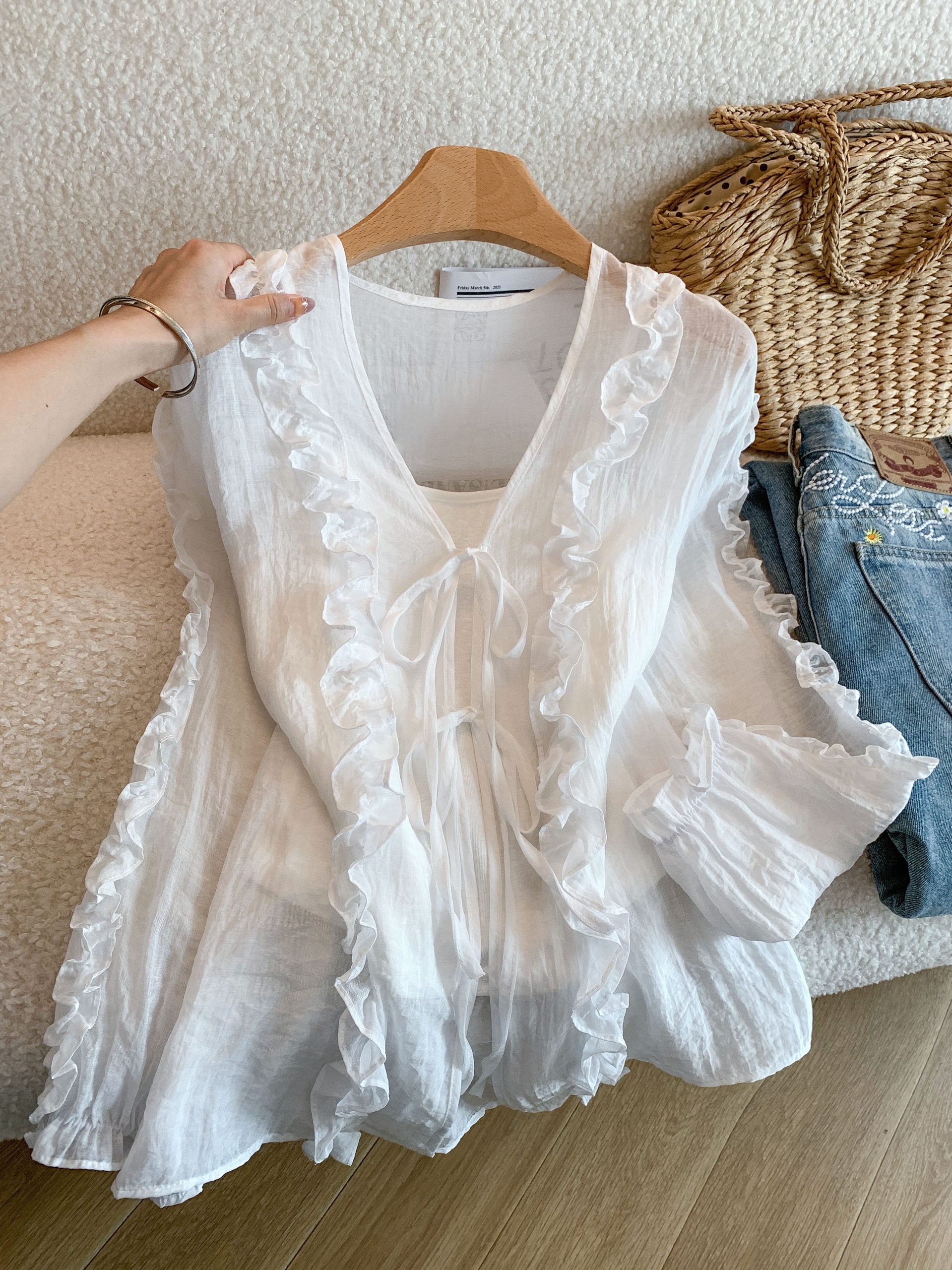 1779286430435_z4vJ1G.jpg Sweet Ruffle Bow Tie V-Neck Long Sleeve Women's Shirt Two-Piece Set - Style ccb380