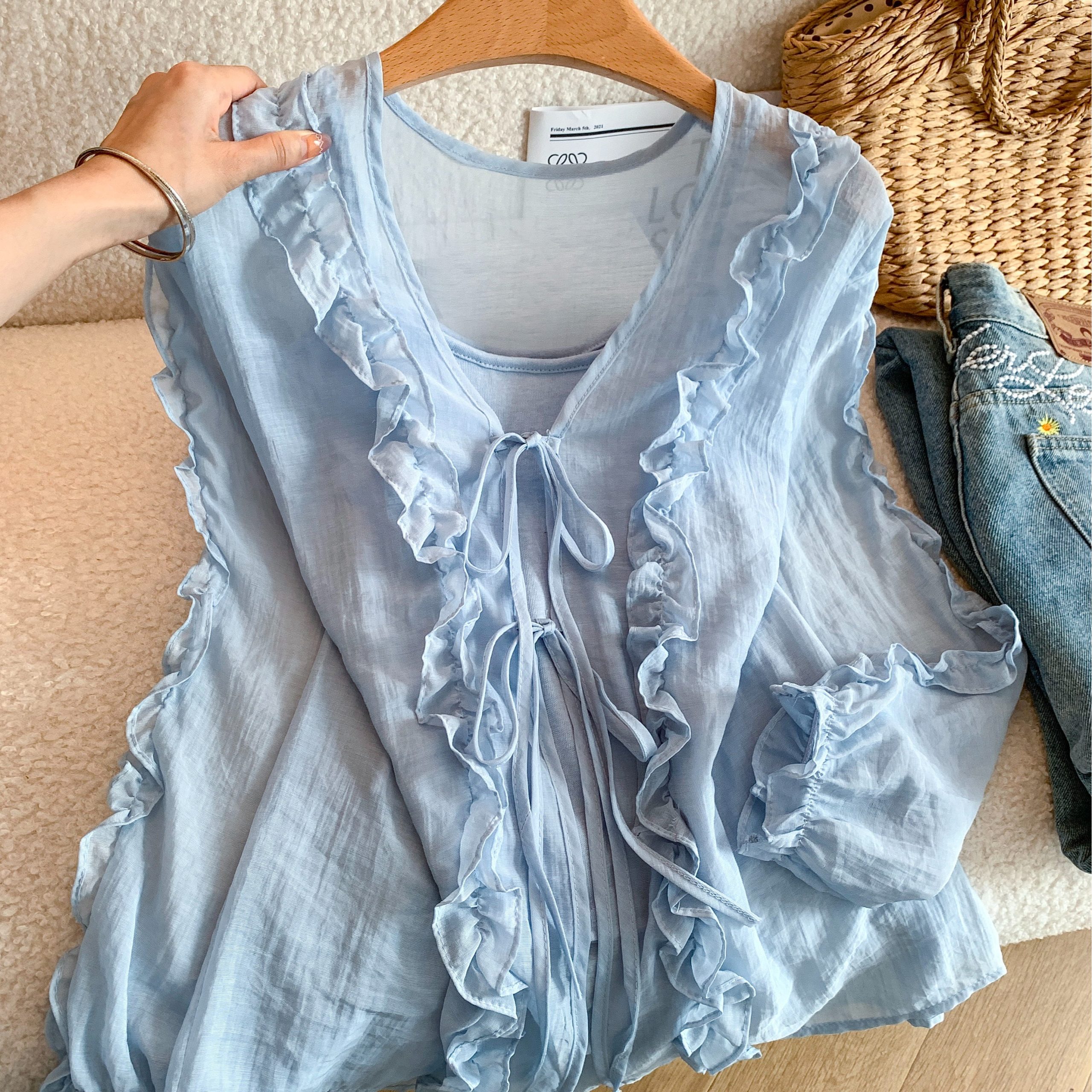 1779286467108_I4cKcp.jpg Sweet Ruffle Bow Tie V-Neck Long Sleeve Women's Shirt Two-Piece Set - Style ccb380