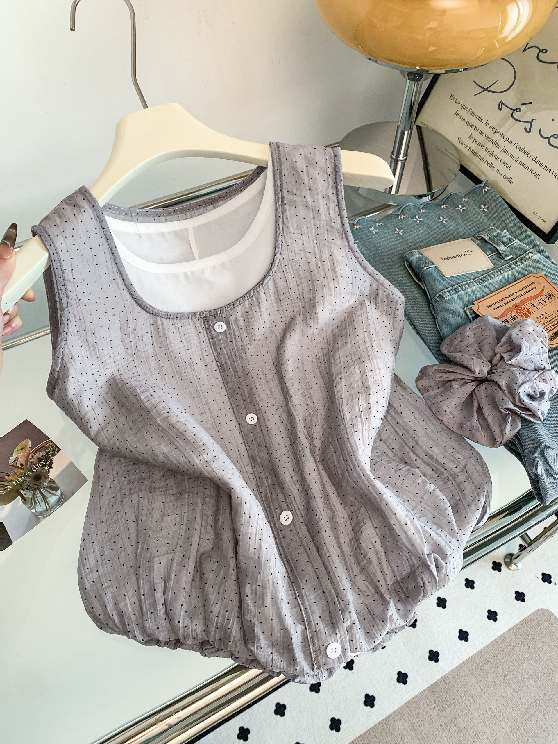 1780927656644_X2zRlH.jpg Women's French Style Faux Two-Piece Bubble Cami Top Summer Sleeveless Loose Fit - Style cbd1e7