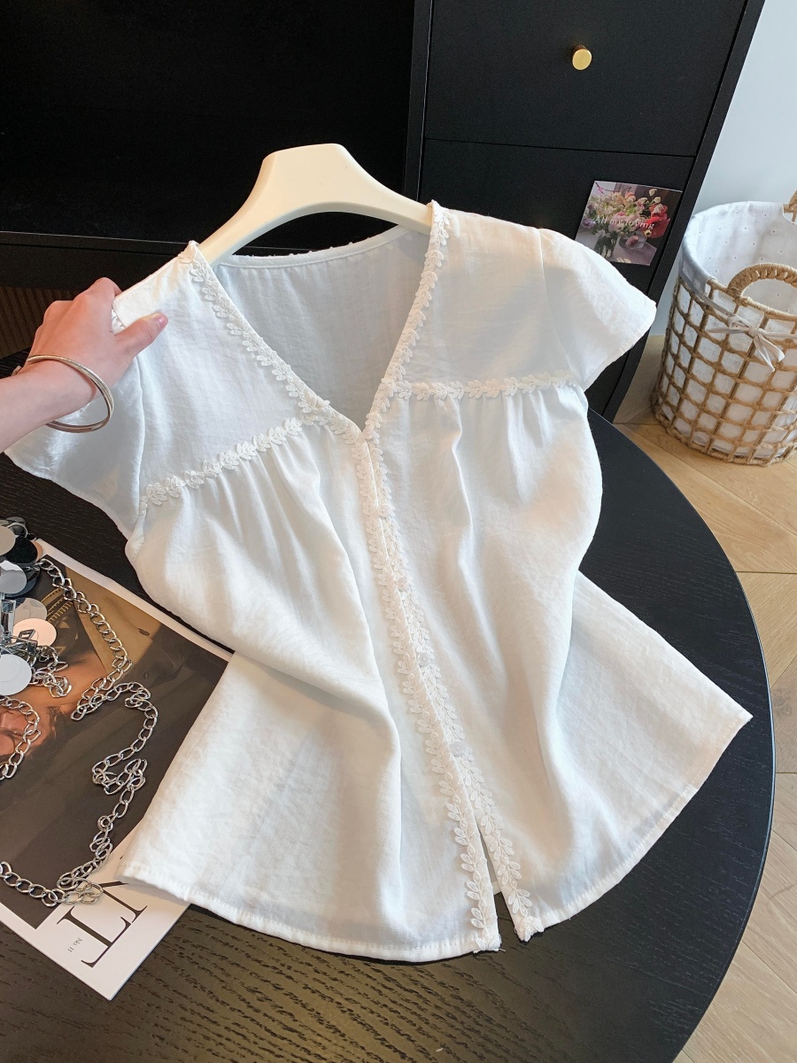 1781700165485_ZEDhIz.jpg Women's Lace Trim V-Neck Short Sleeve Shirt Summer Loose Fit Sweet Top