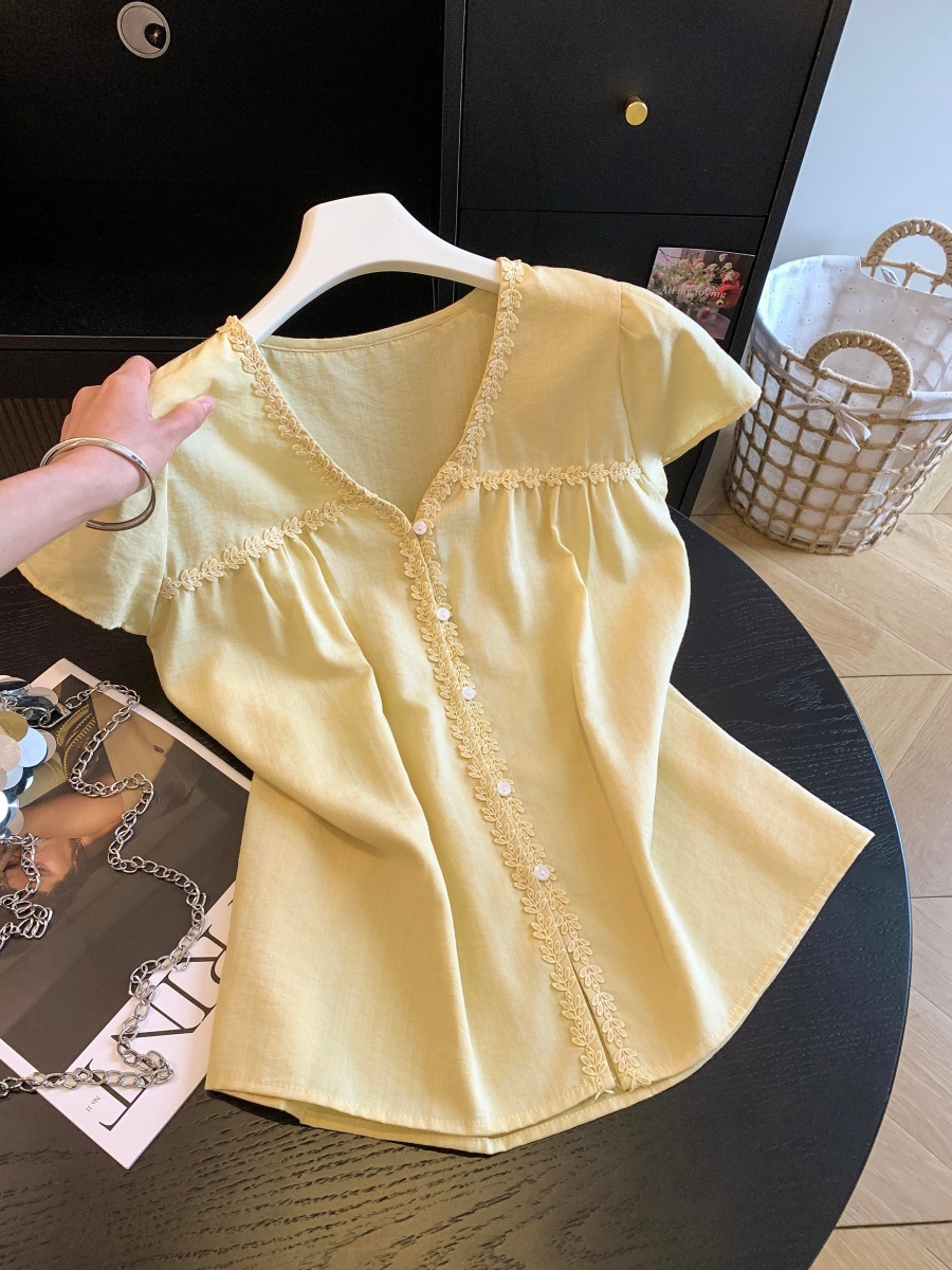 1781700175787_zTT2zZ.jpg Women's Lace Trim V-Neck Short Sleeve Shirt Summer Loose Fit Sweet Top