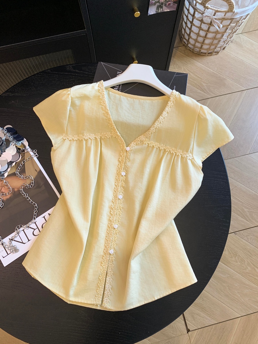 1781700193312_b8EQVB.jpg Women's Lace Trim V-Neck Short Sleeve Shirt Summer Loose Fit Sweet Top