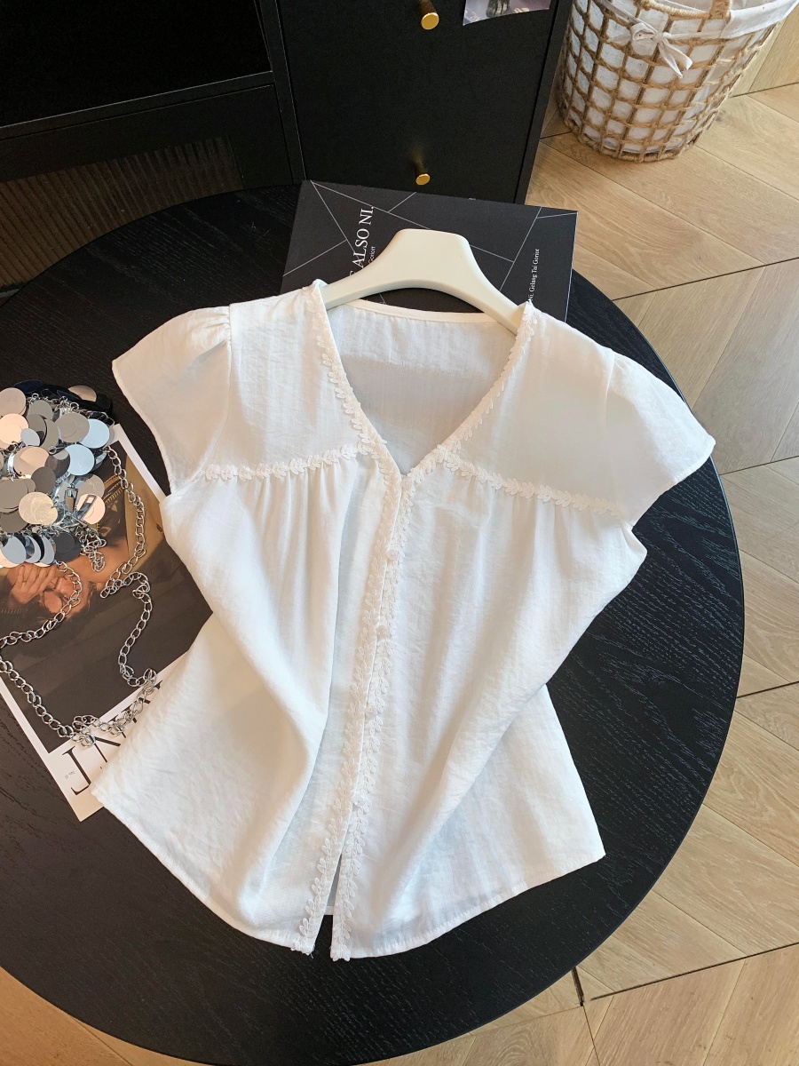 1781700202396_4MKGgA.jpg Women's Lace Trim V-Neck Short Sleeve Shirt Summer Loose Fit Sweet Top
