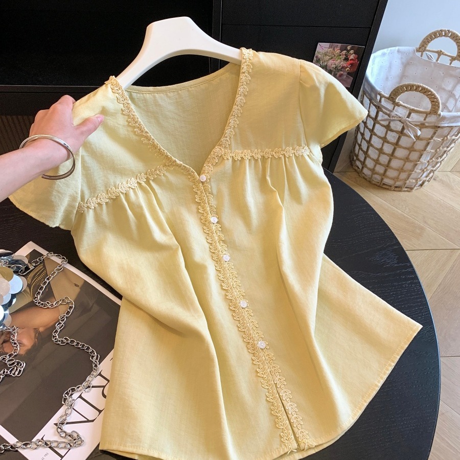 1781700223042_IaN2nQ.jpg Women's Lace Trim V-Neck Short Sleeve Shirt Summer Loose Fit Sweet Top